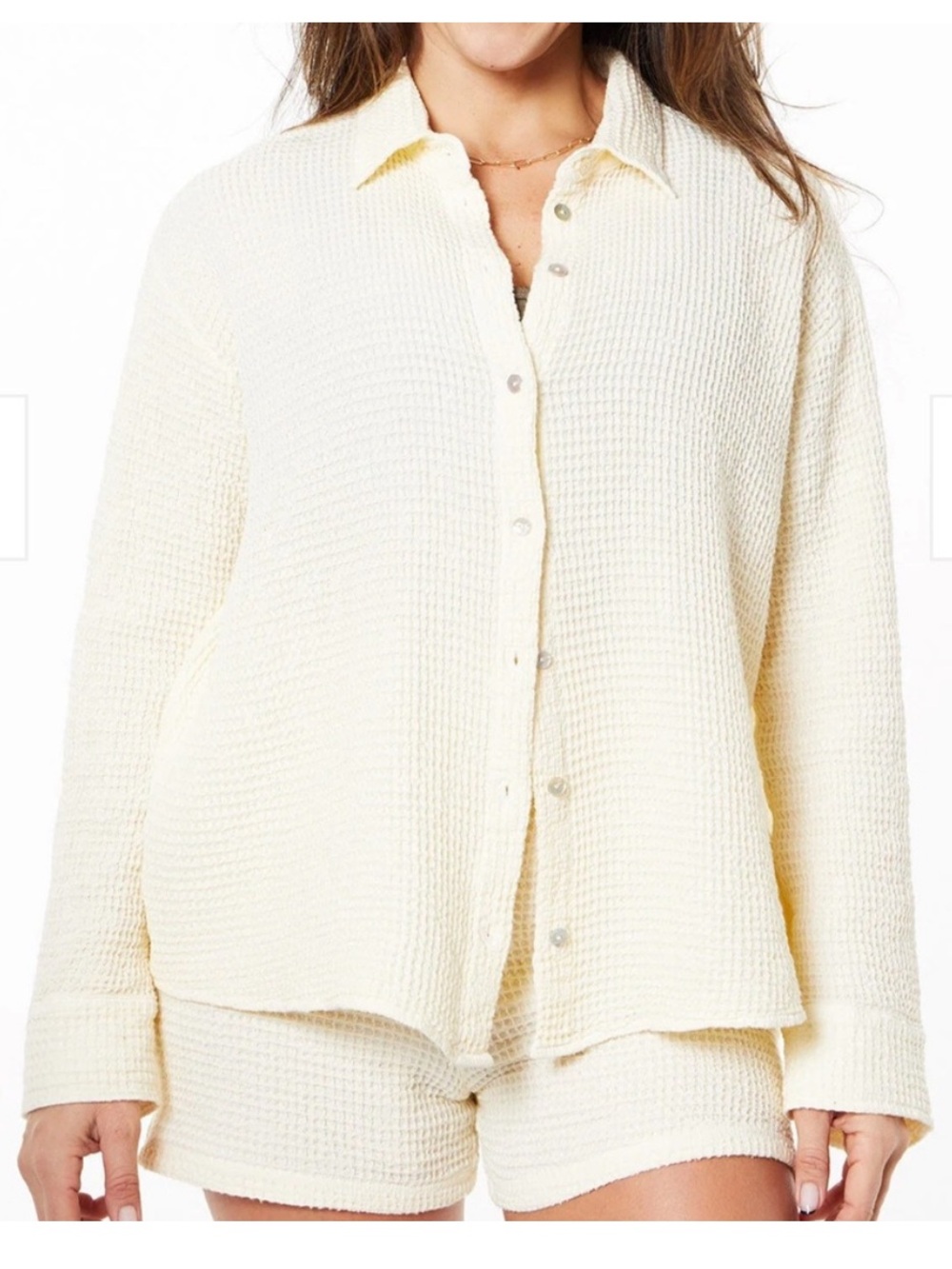 Donni Waffle Button Down Top in Cream S